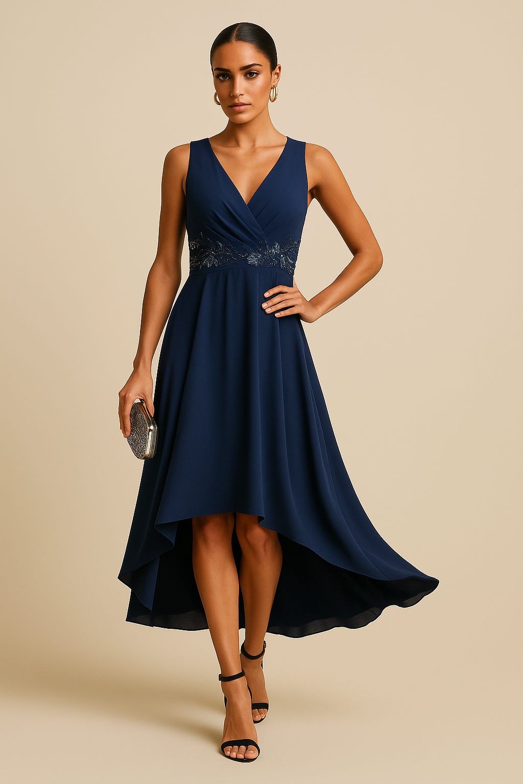 Liliane High-Low Chiffon Dress with Floral Waist Appliqué – Rosewood