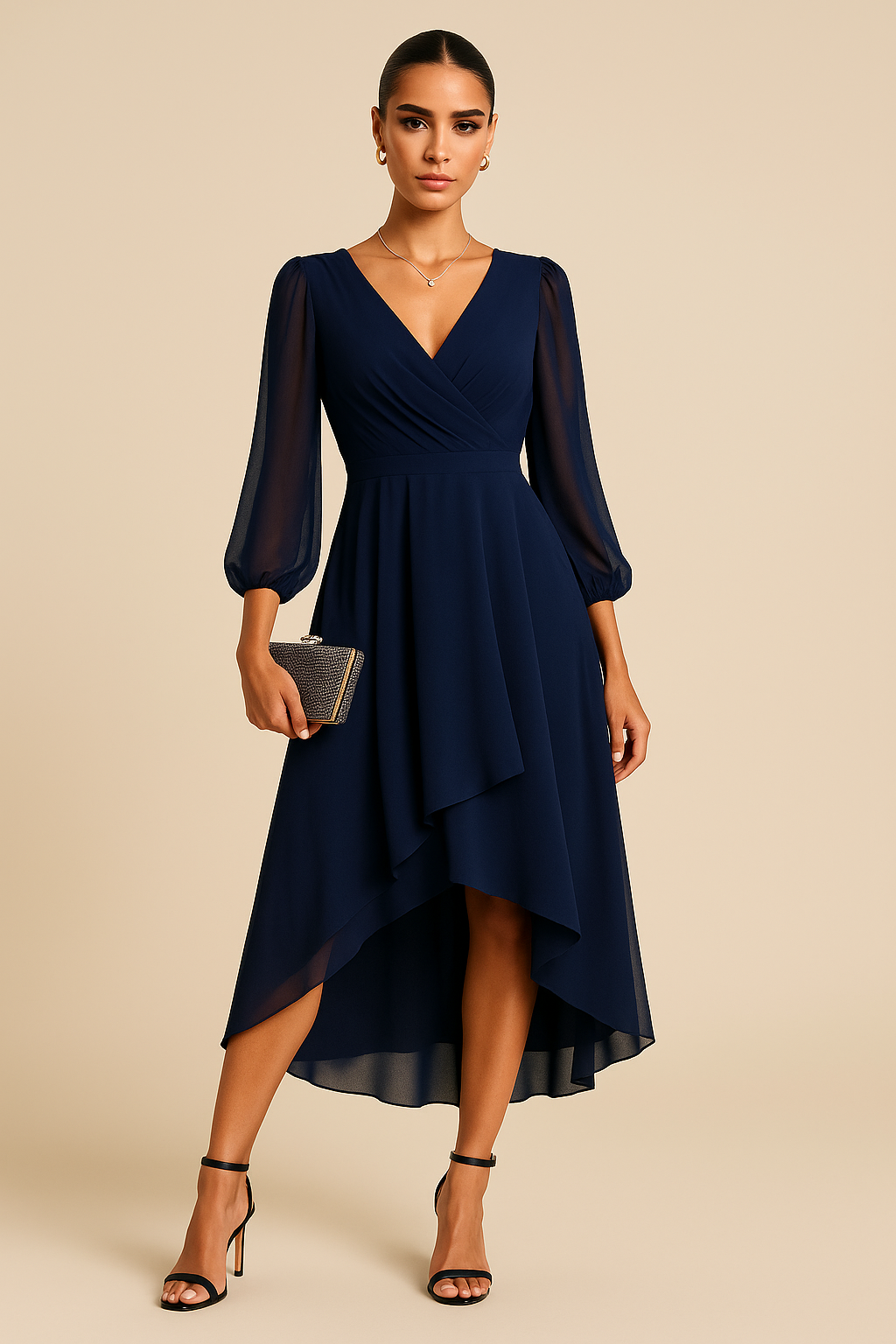 Colette V-Neck High-Low Chiffon Dress with ¾ Sleeves – Slate Blue