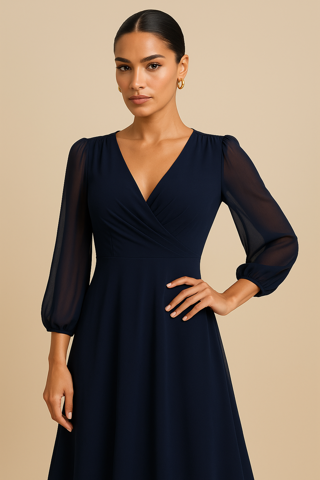 Colette V-Neck High-Low Chiffon Dress with ¾ Sleeves – Slate Blue