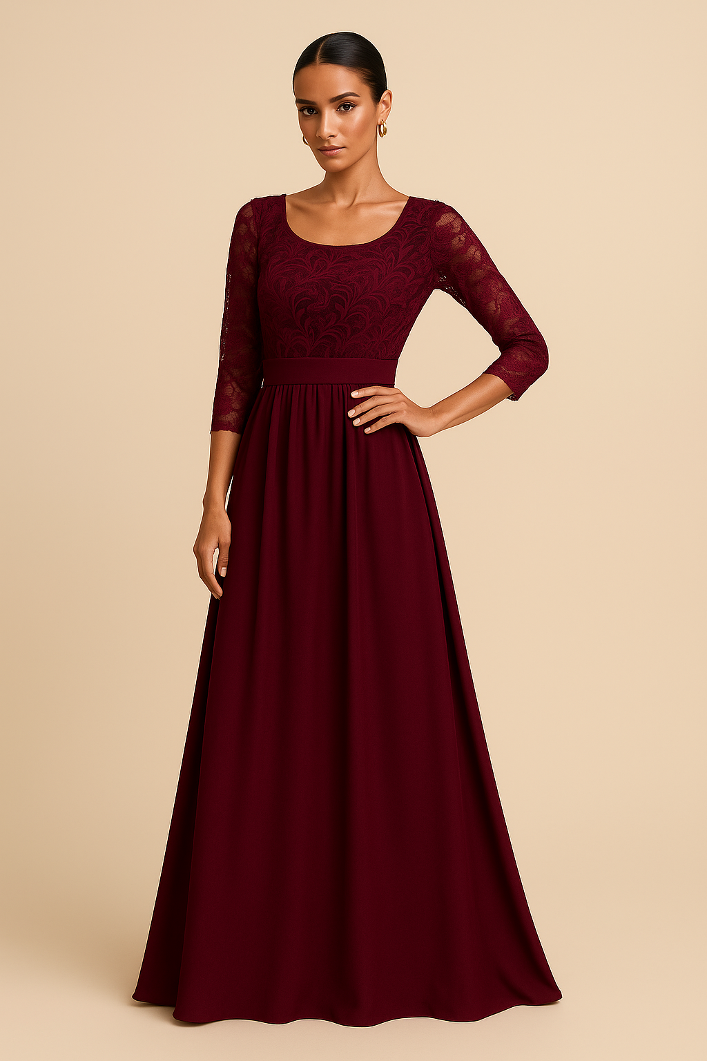 Woman wearing a burgundy evening gown against a beige background