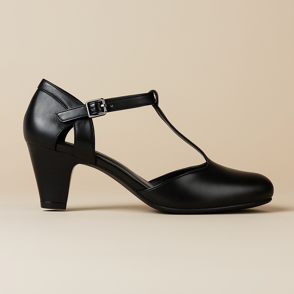 Vivienne Black Leatherette Closed Toe T-Bar Roxy Pumps