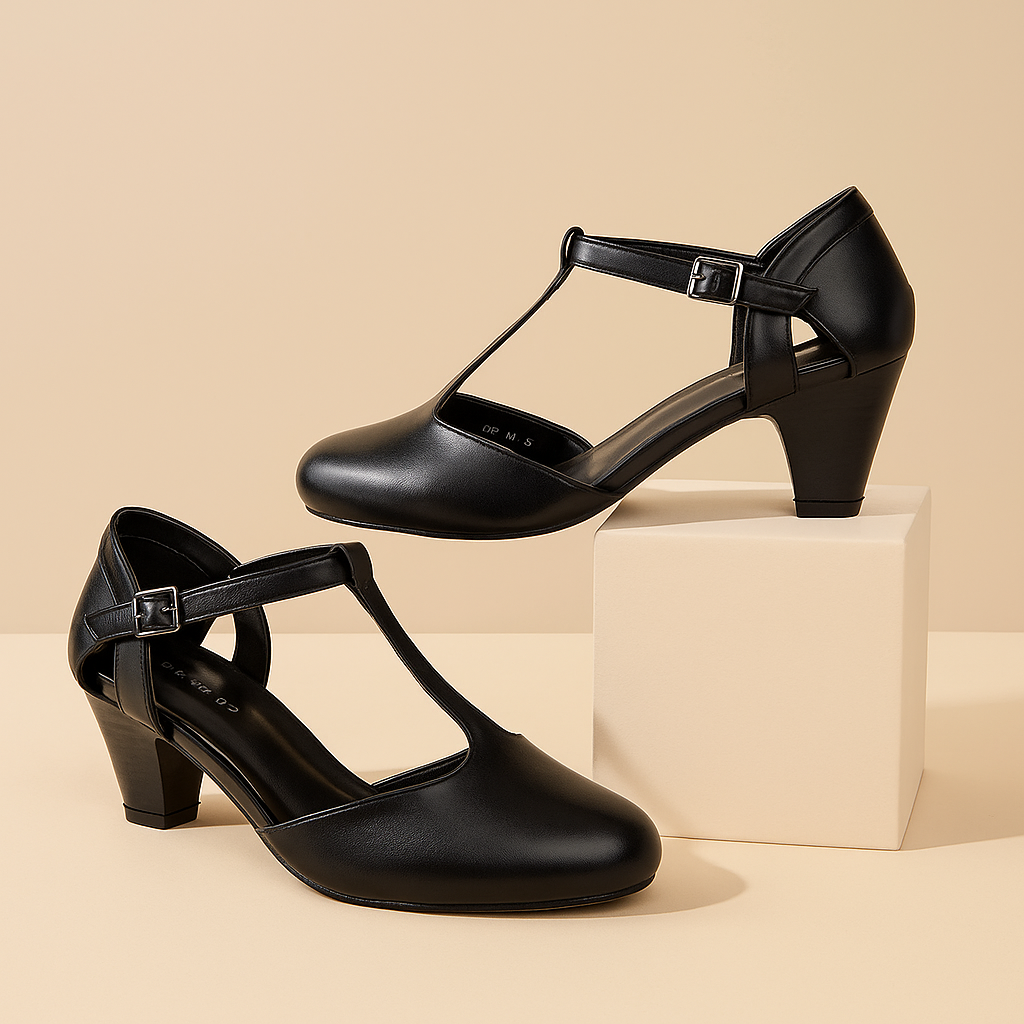 Vivienne Black Leatherette Closed Toe T-Bar Roxy Pumps