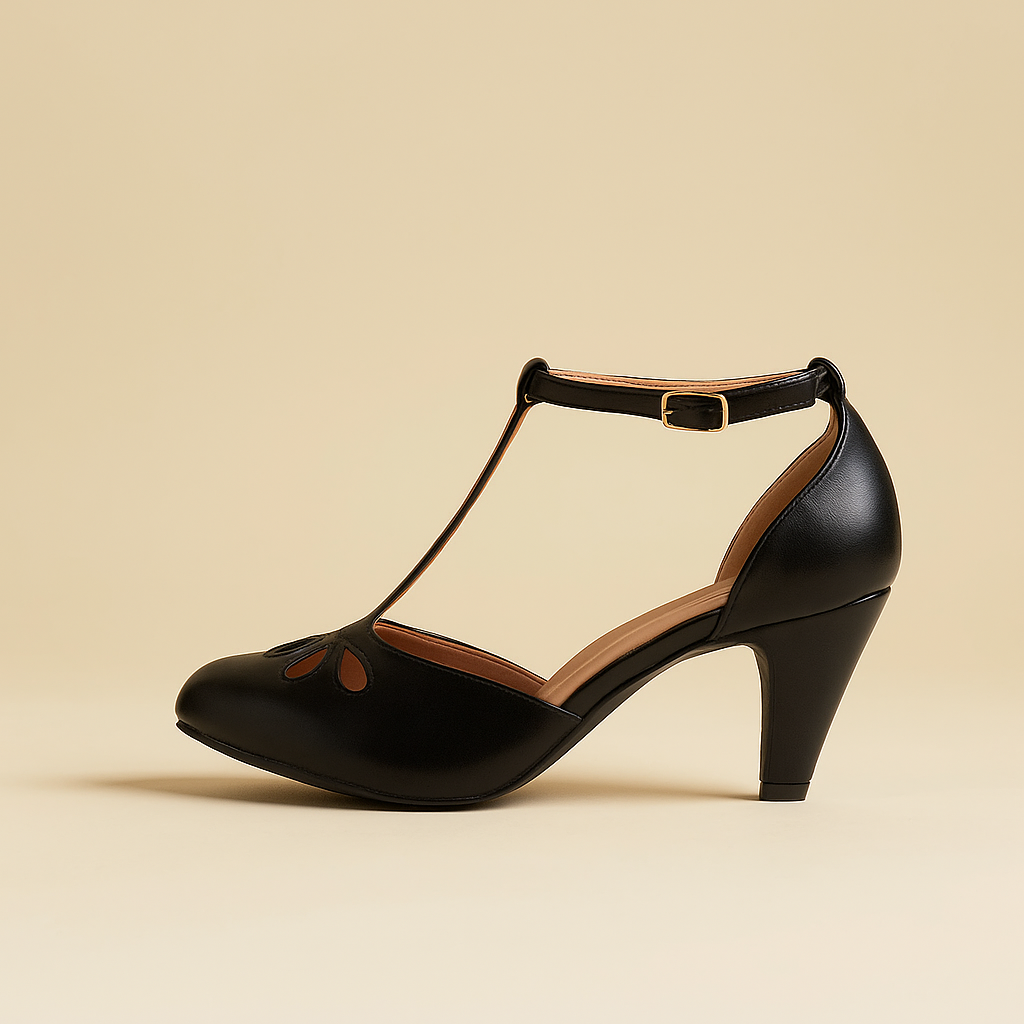 Margot Black Leatherette T-Bar Heels