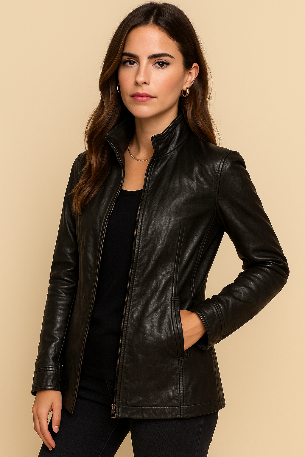 Odette Vintage Stand Collar Faux Leather Jacket