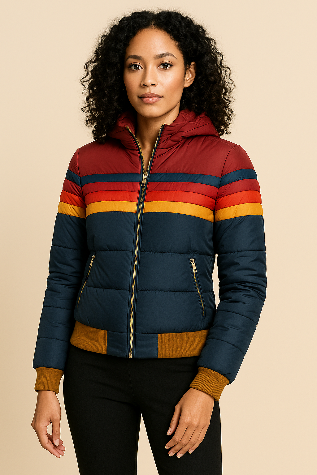 Anneliese Color-Block Puffer Jacket – Insulated High-Collar Winter Coat