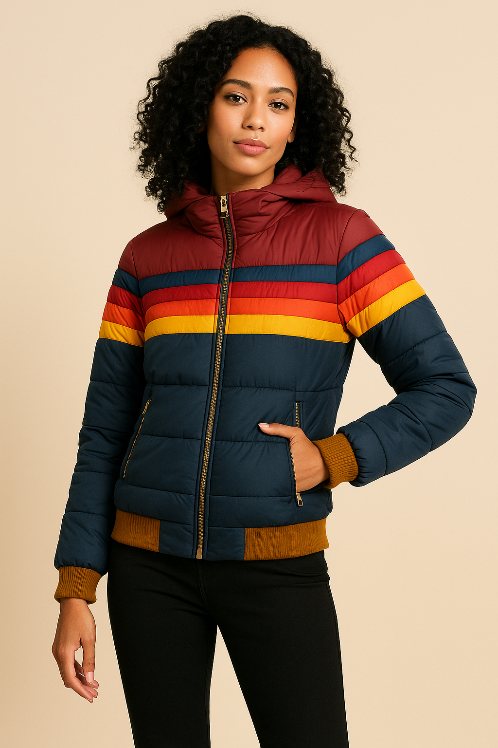 Anneliese Color-Block Puffer Jacket – Insulated High-Collar Winter Coat