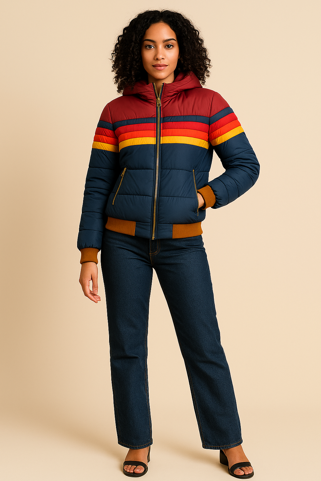 Anneliese Color-Block Puffer Jacket – Insulated High-Collar Winter Coat