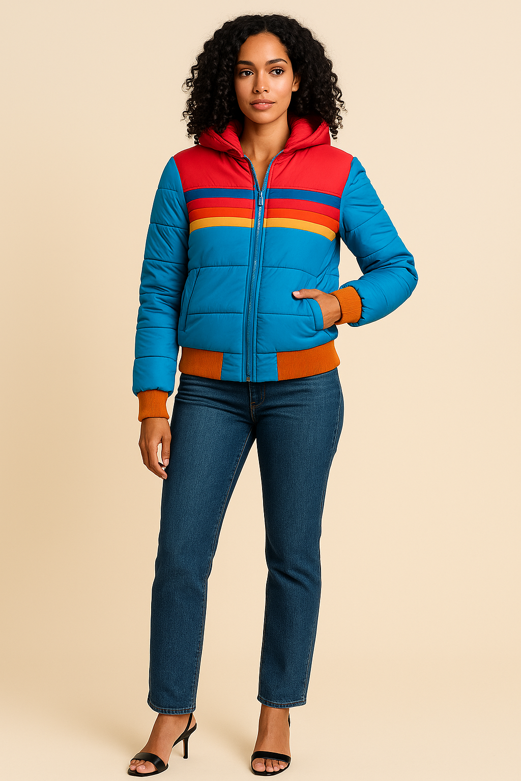 Anneliese Color-Block Puffer Jacket – Insulated High-Collar Winter Coat