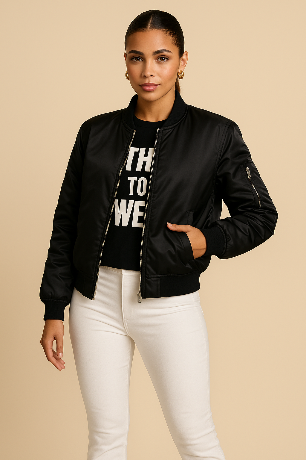 Clarisse Black Satin Bomber Jacket – Lightweight Zip-Up
