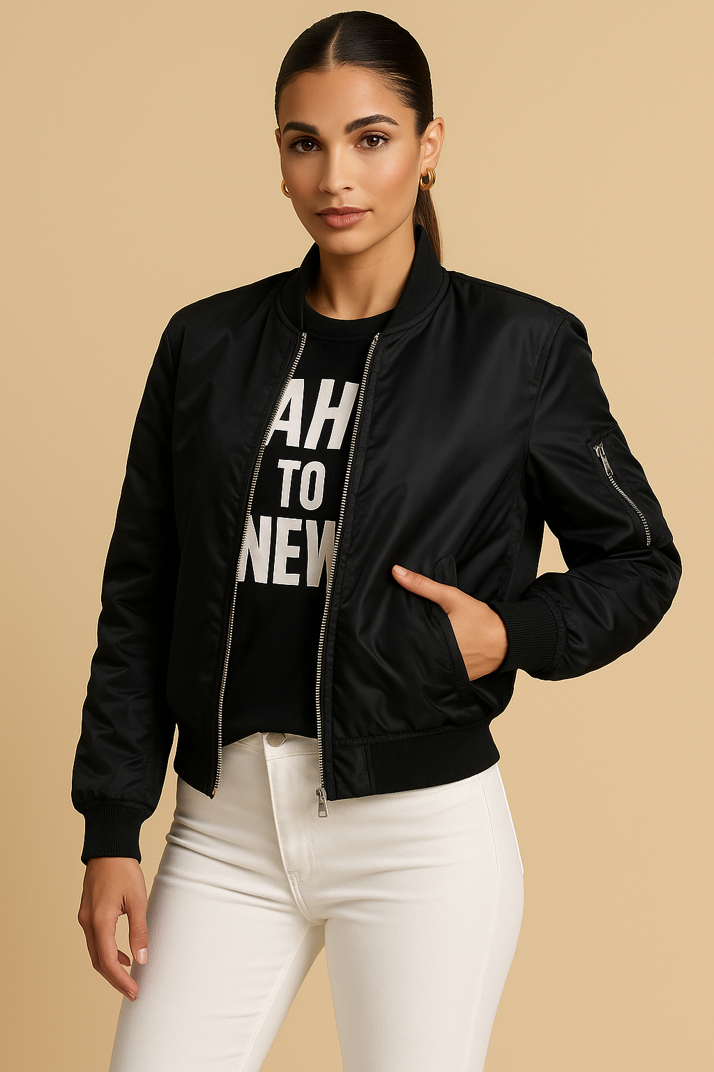 Clarisse Black Satin Bomber Jacket – Lightweight Zip-Up