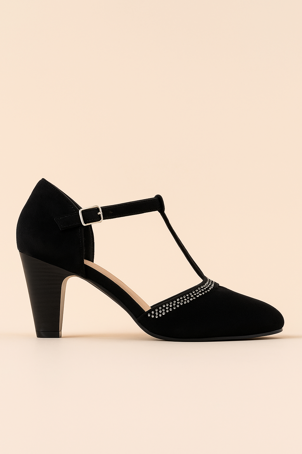Delphine Black T-Strap Round-Toe Heel Pumps