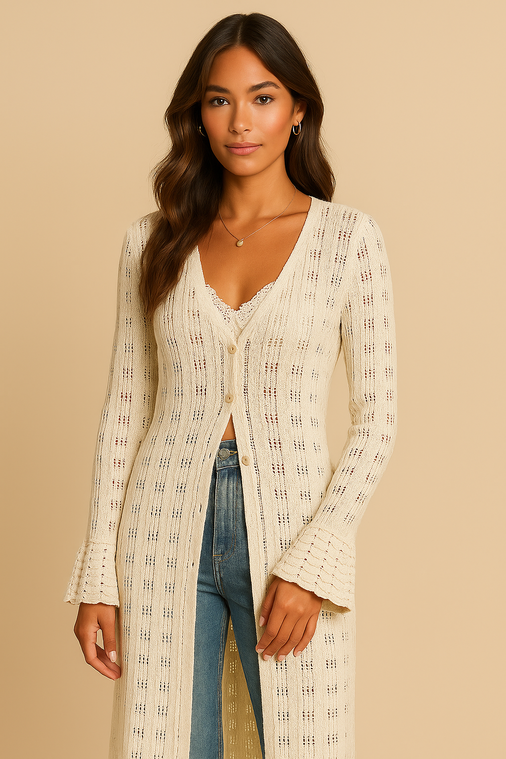 Selene Long Oversized Knit Cardigan with Ruffle Hem & Flared Sleeves