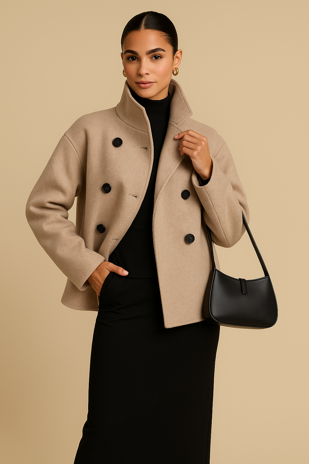 Sofia Beige Double-Breasted Pea Coat