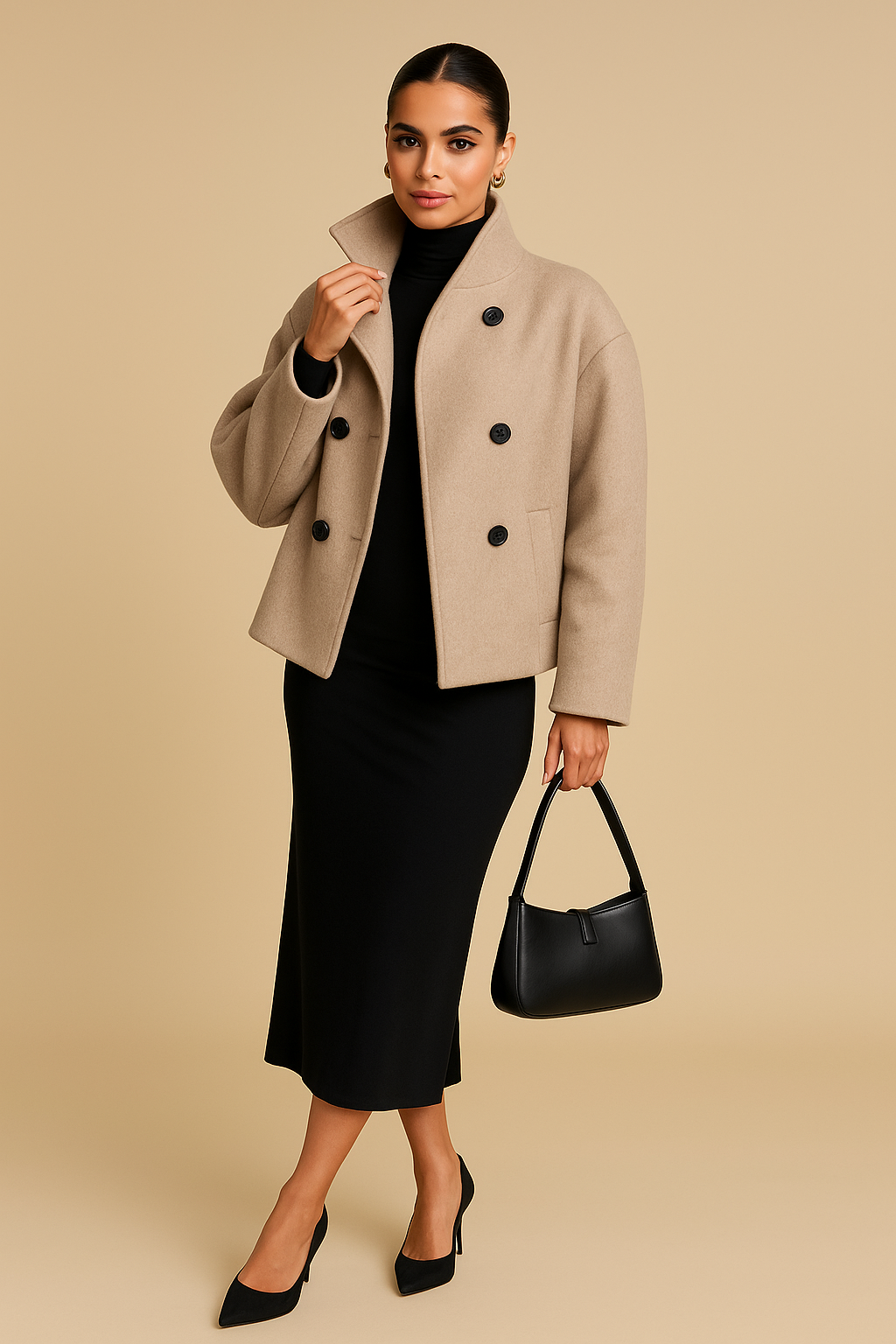 Sofia Beige Double-Breasted Pea Coat