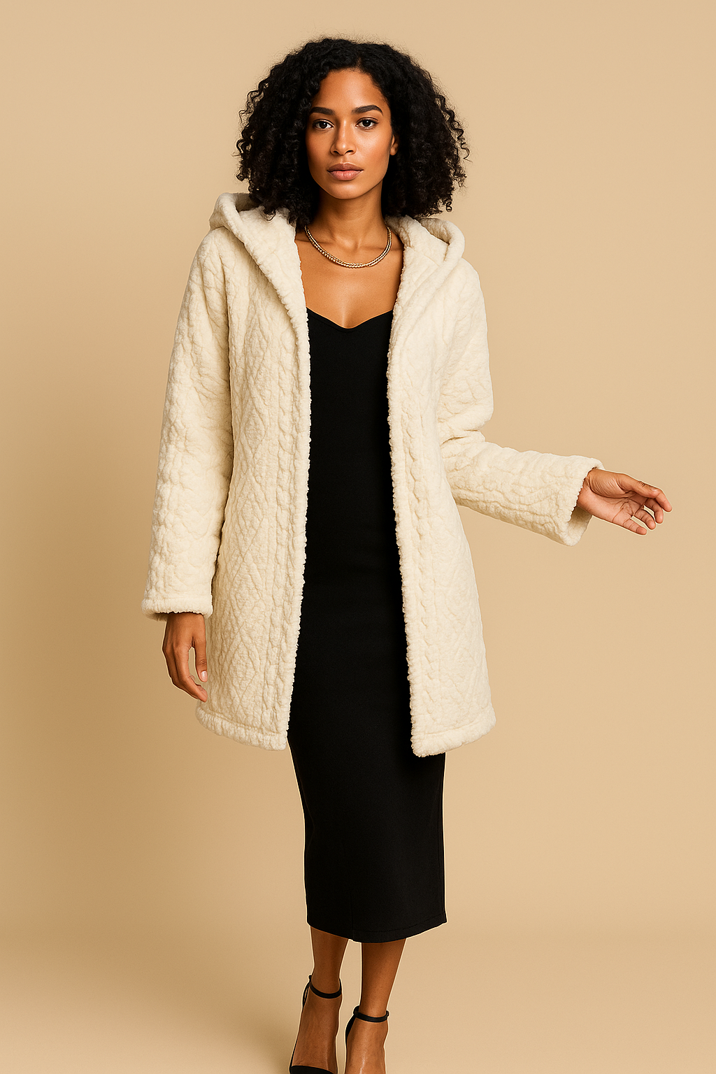 Mirena Plush Diamond-Pattern Hooded Coat