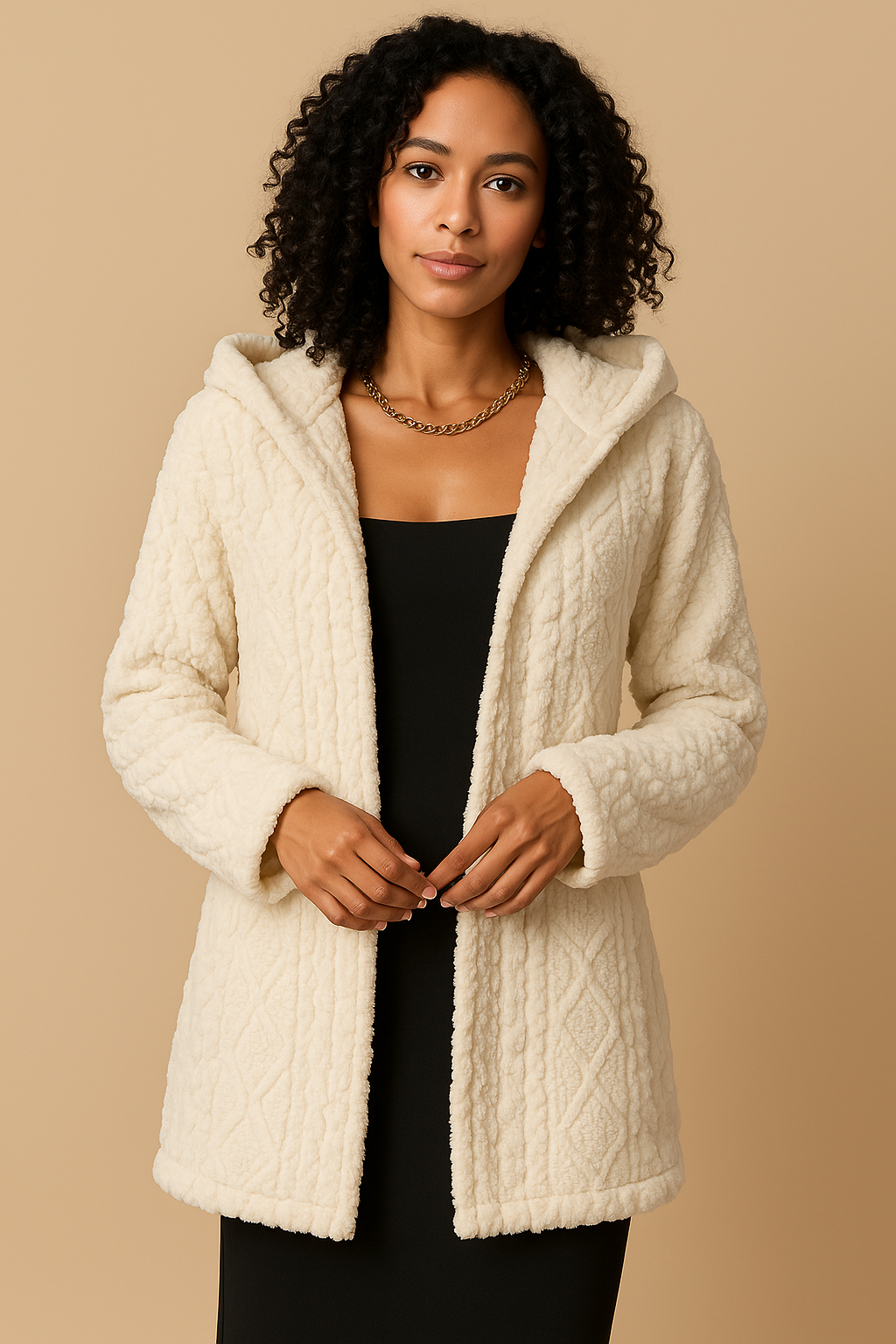 Mirena Plush Diamond-Pattern Hooded Coat