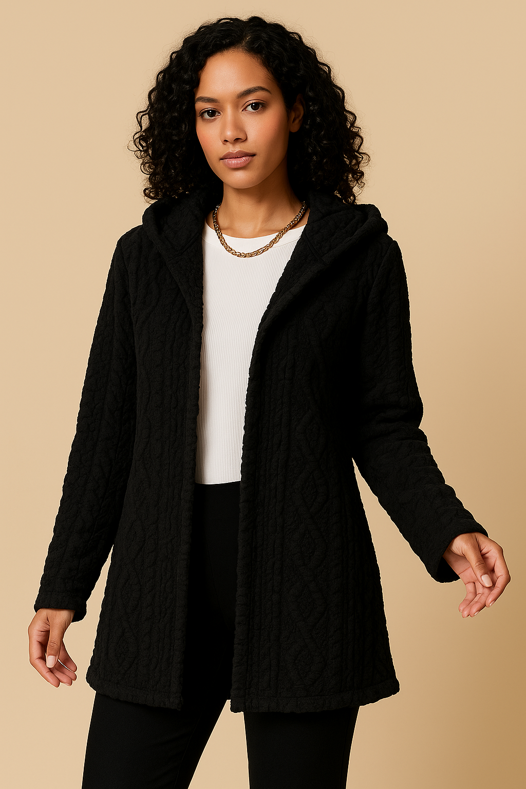 Mirena Plush Diamond-Pattern Hooded Coat