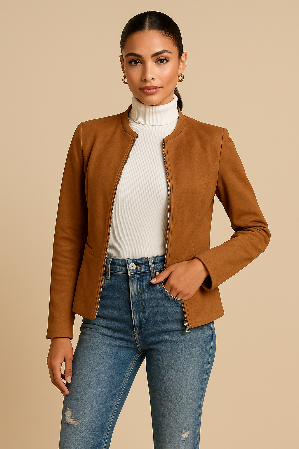 Talia Cropped Round Neck Zip-Up Jacket