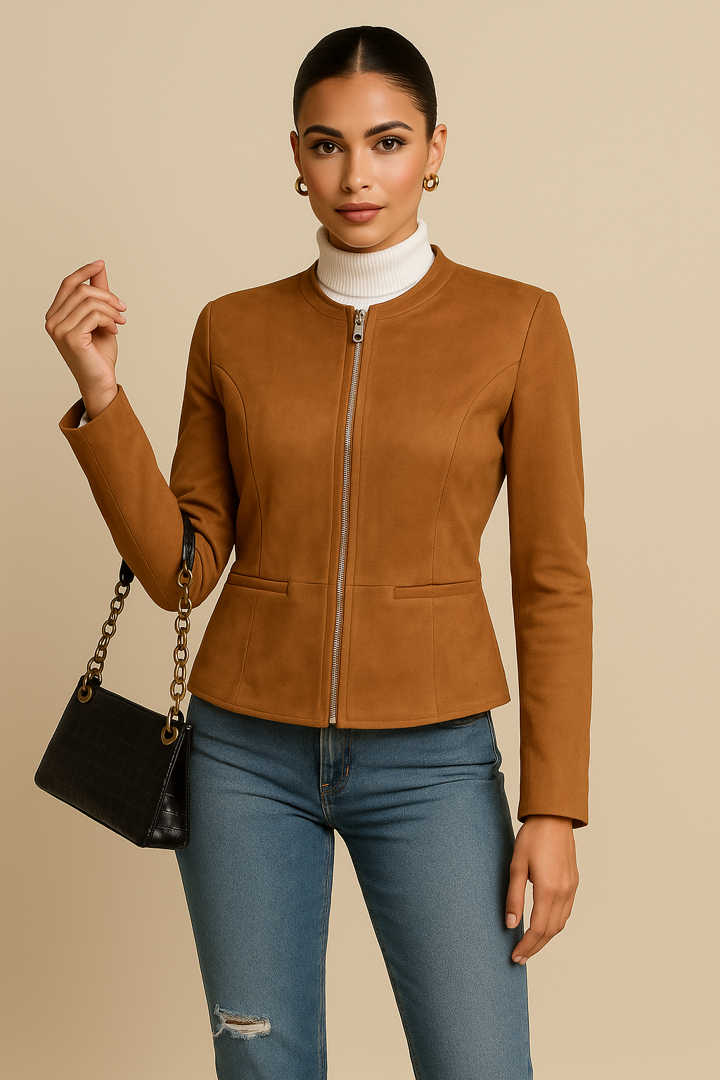 Talia Cropped Round Neck Zip-Up Jacket