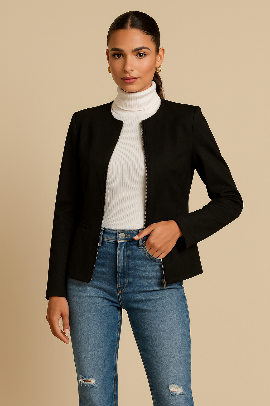 Talia Cropped Round Neck Zip-Up Jacket