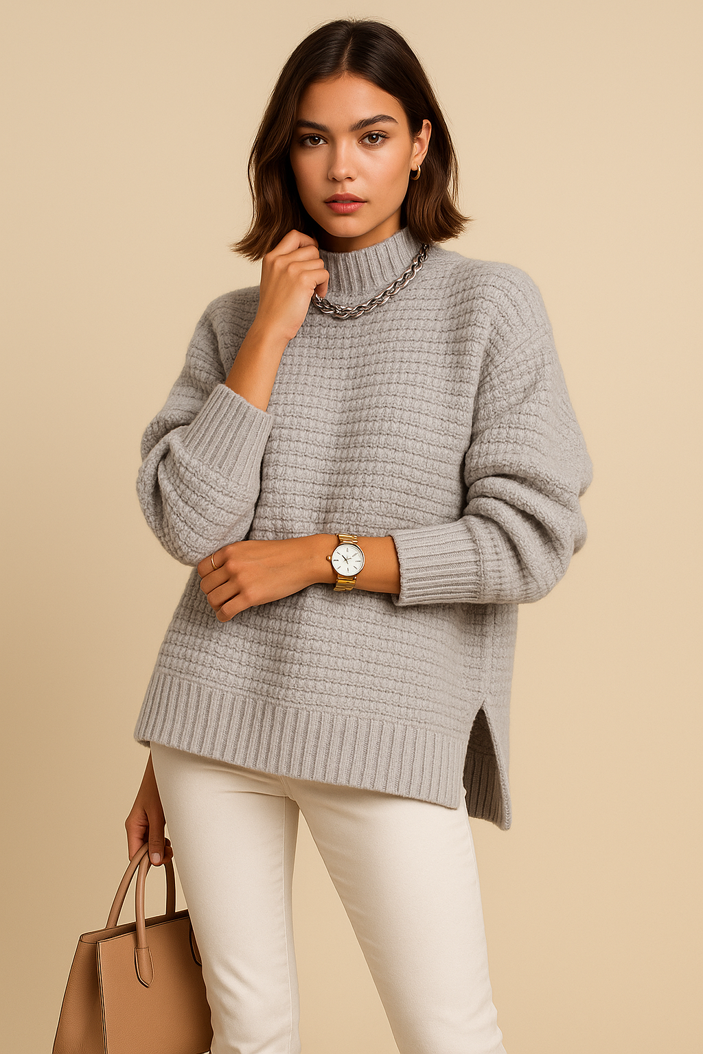 Mireille Turtleneck Side-Slit Sweater