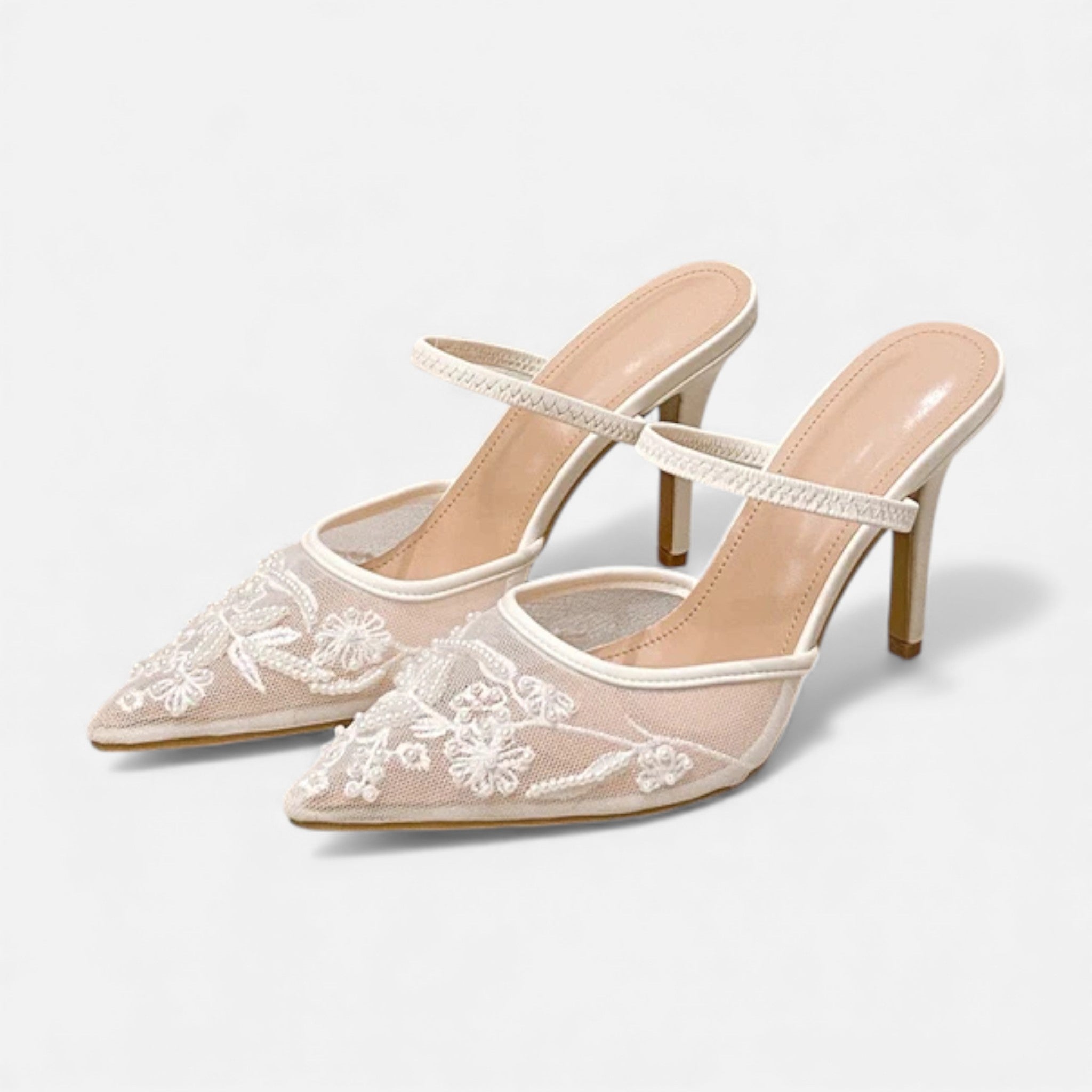 Women’s Elegant Airy Floral Embroidered Mesh Designer Heels