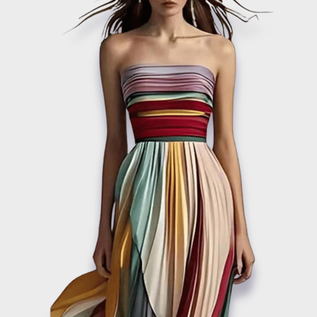Women's Elegant Vibrant Pleated Maxi Dress with Bare-Shoulder Design