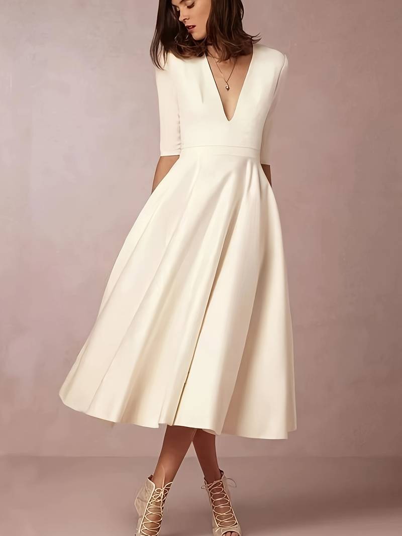 Women's Classic Graceful Midi Wedding Guest Flared Dress