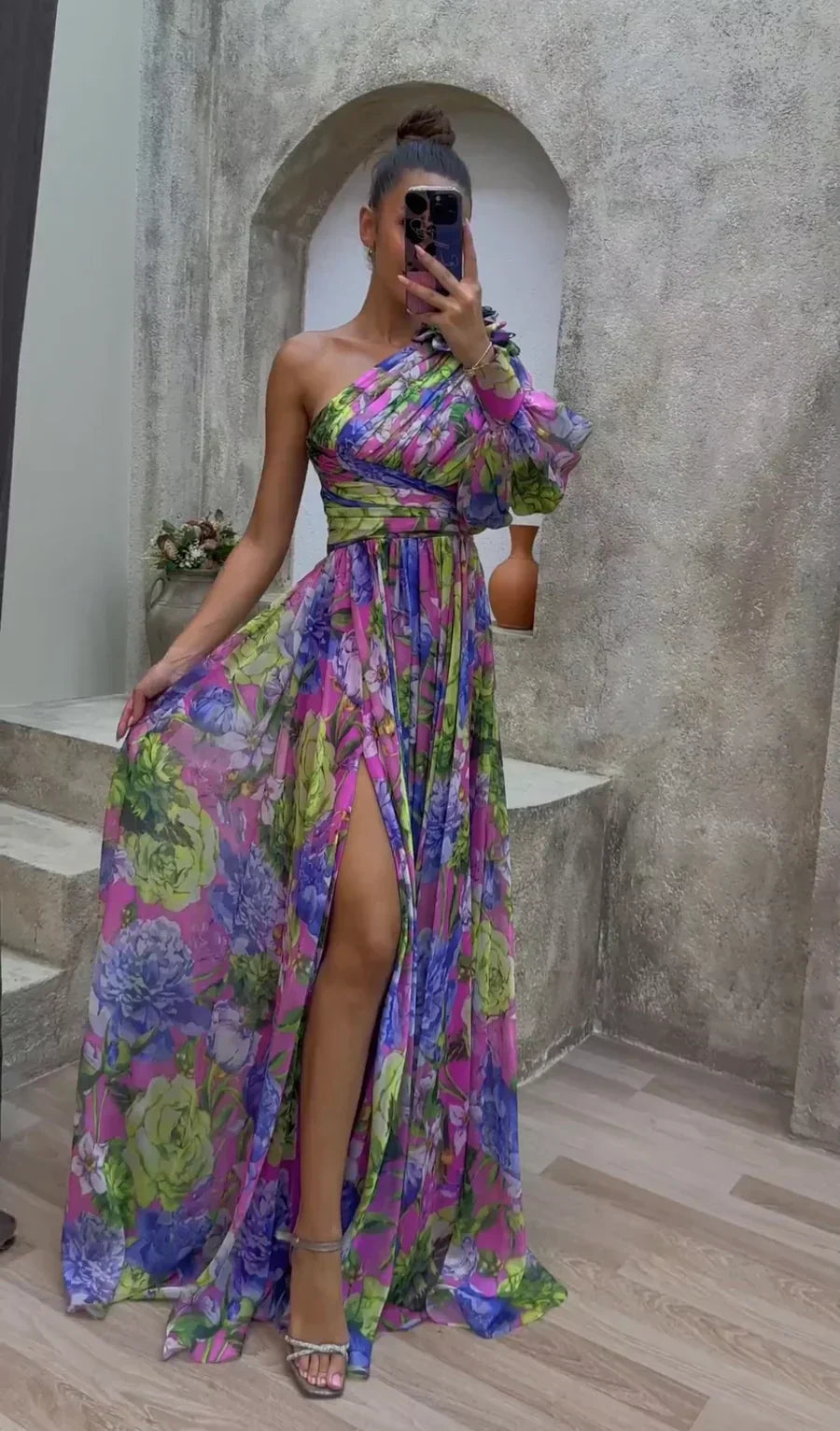 Women's Elegant Floral Multicolor Flowy Summer Dress with One-Shoulder Neckline