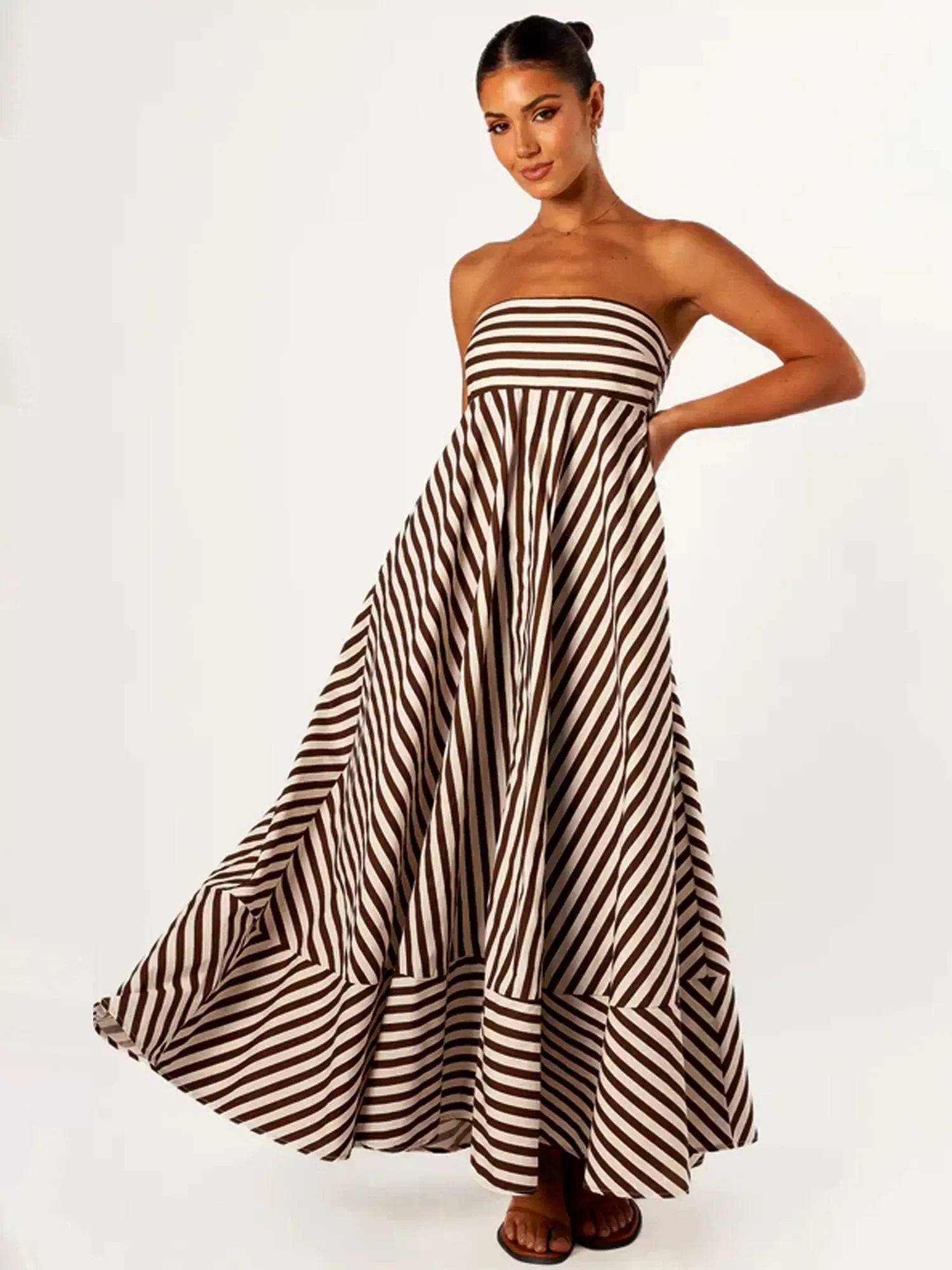 Elegant Strapless Diagonal Stripes Maxi Dress for Women