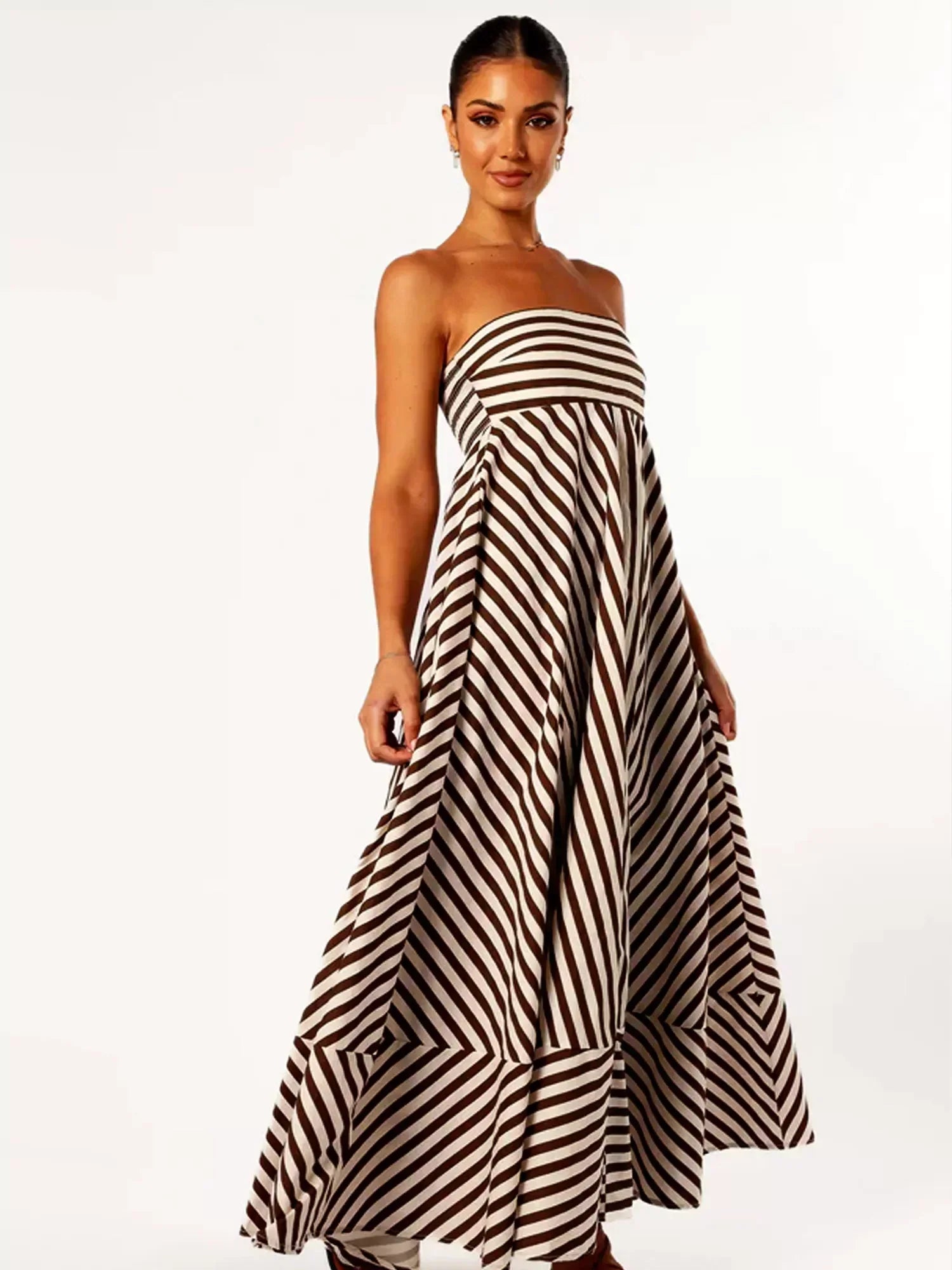 Elegant Strapless Diagonal Stripes Maxi Dress for Women