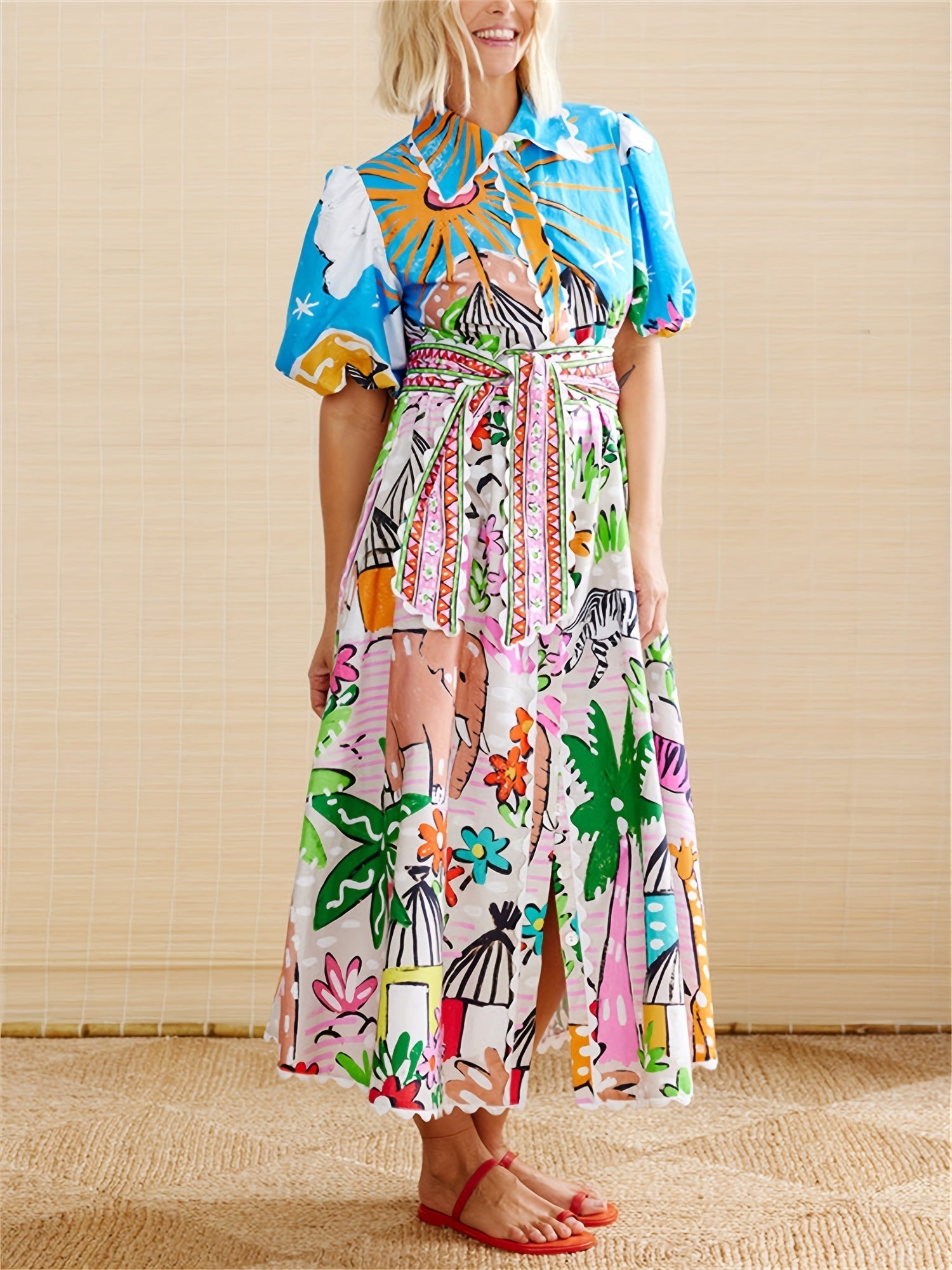 Women's Chic Transitional Midi Summer Dress with Tropical-inspired Prints