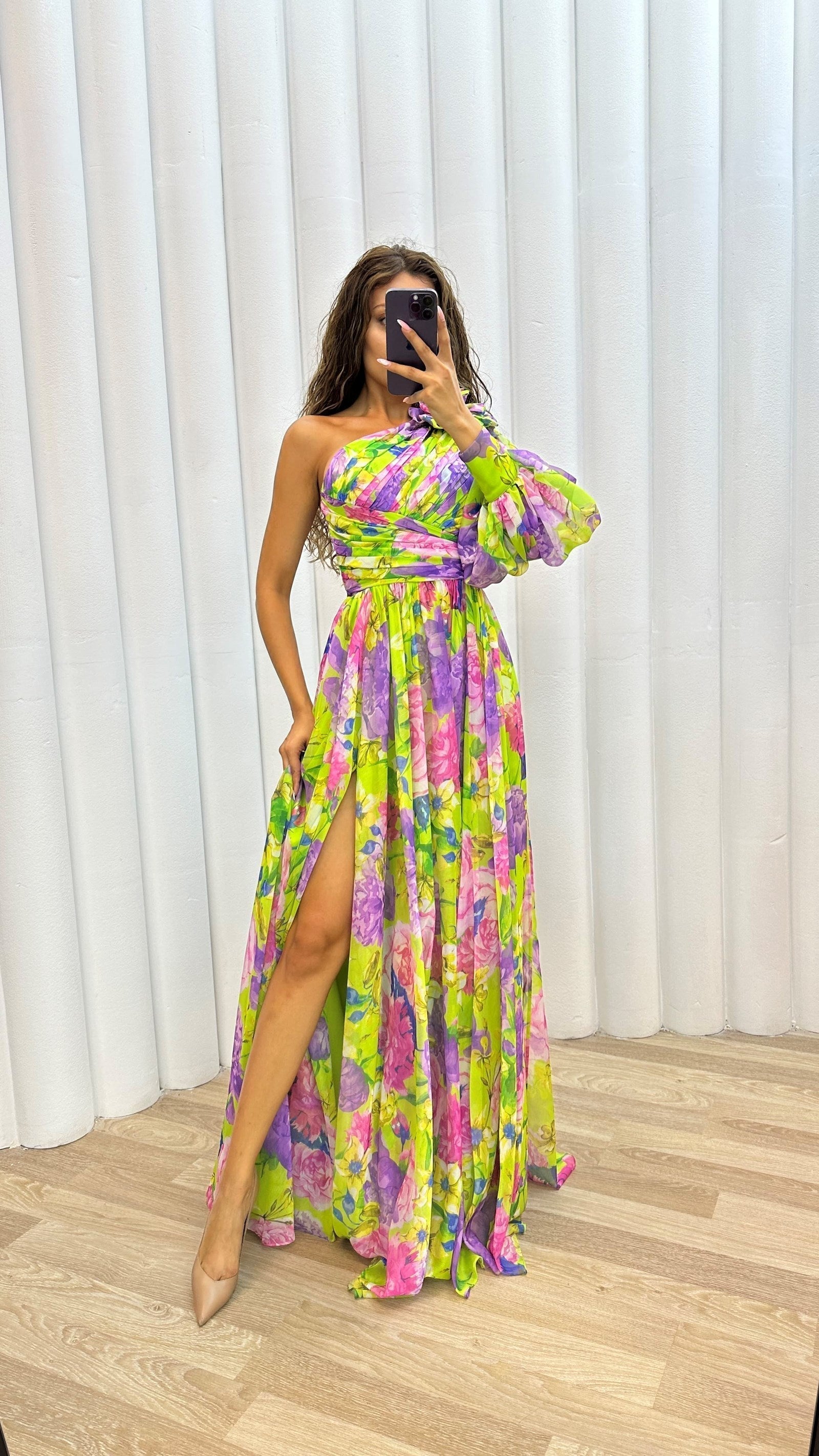 Women's Elegant Floral Multicolor Flowy Summer Dress with One-Shoulder Neckline