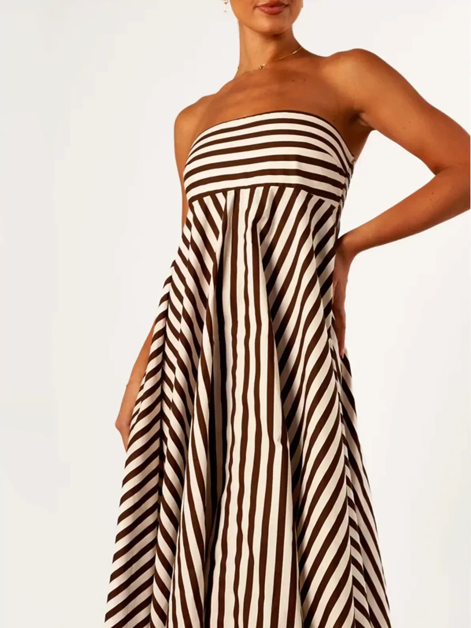 Elegant Strapless Diagonal Stripes Maxi Dress for Women