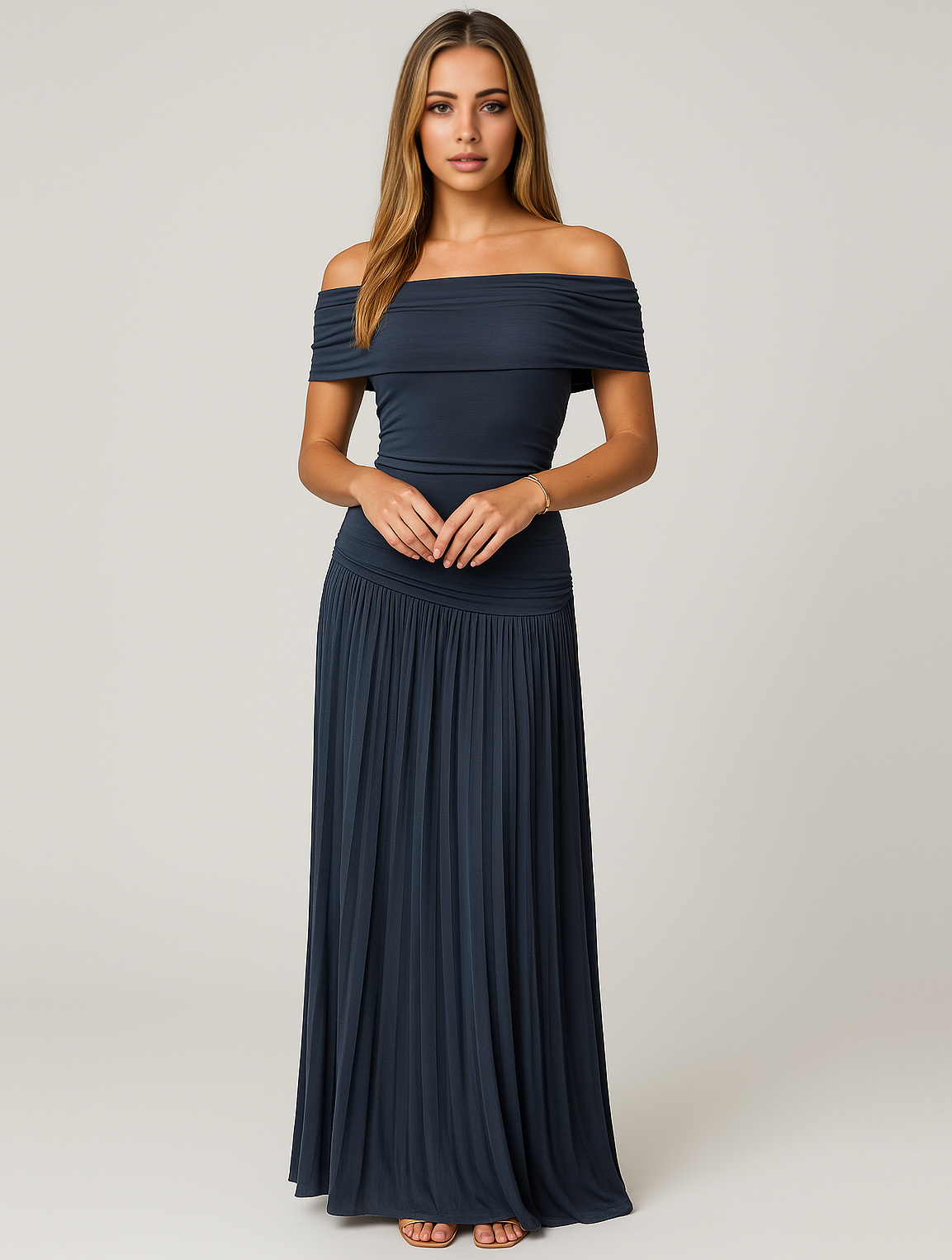 Women Classic Trendy Off-Shoulder Occasion Pleated Maxi Wedding Guest Dress