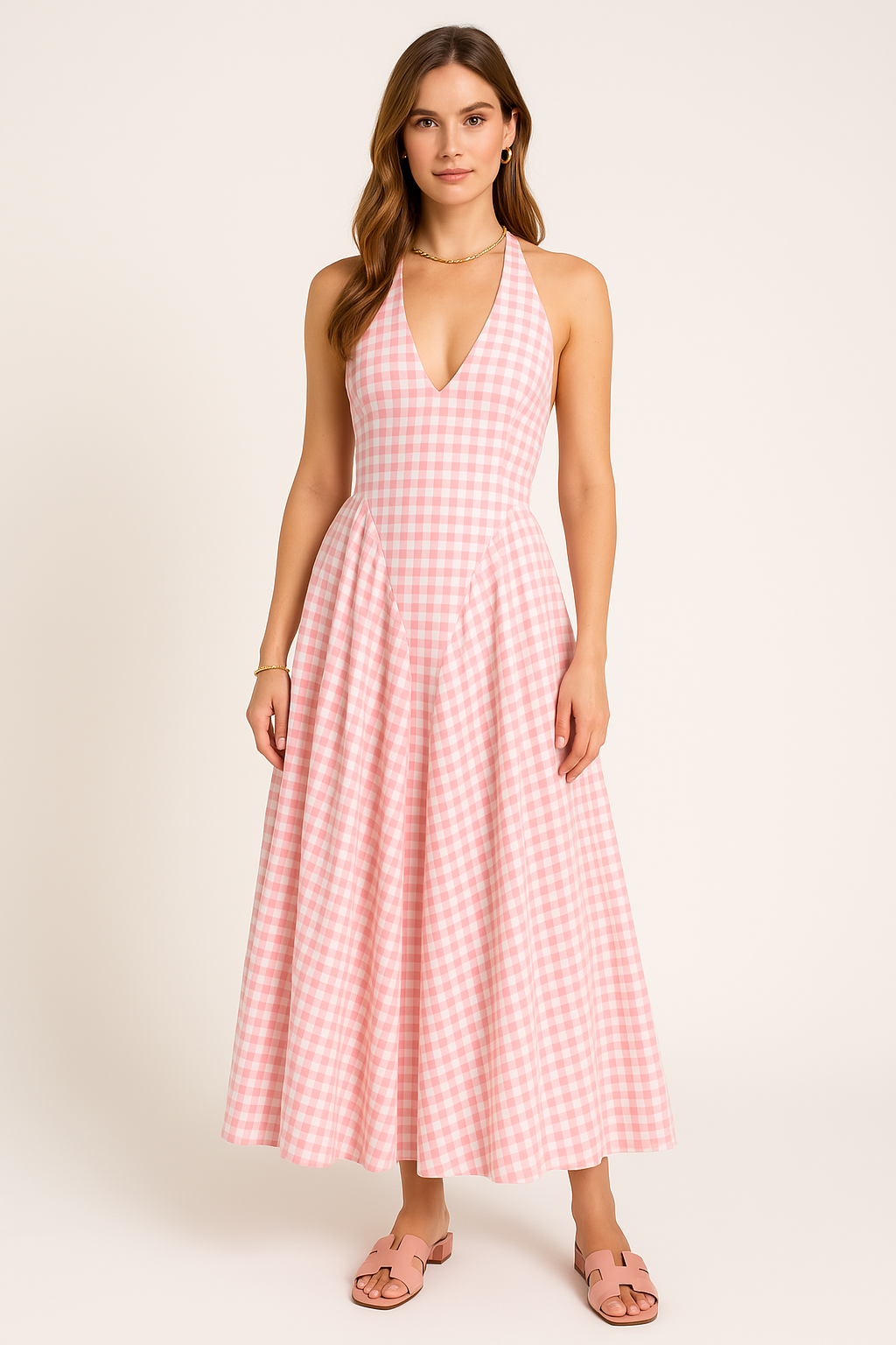 Women’s Halter Neck Dress – Cotton Blend – Slim Fit – A-Line Pleated Midi – V-Neck-1