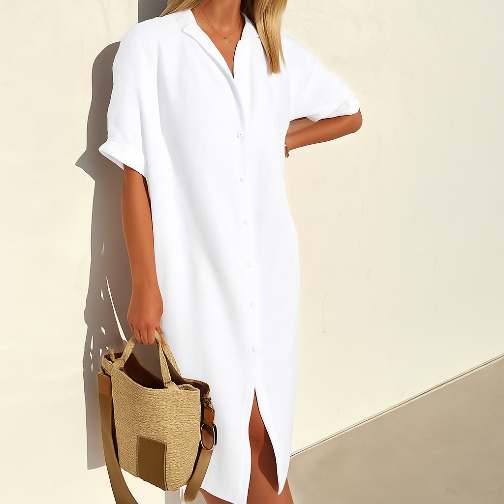 Women’s Versatile Classic Button Long Linen Shirt Dress
