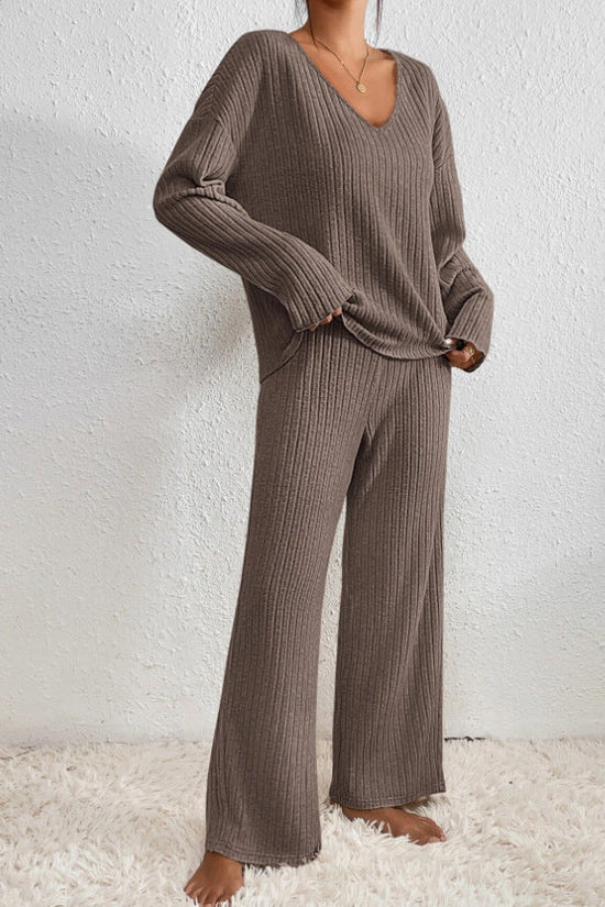 Women’s Ribbed Knit Loungewear Set - Elegant V-neckline Top and Wide-Leg Trousers