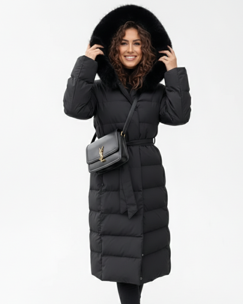 Women's Fashion Layered Water-Repellent Winter Long Jacket with Elegant Fluffy Hood