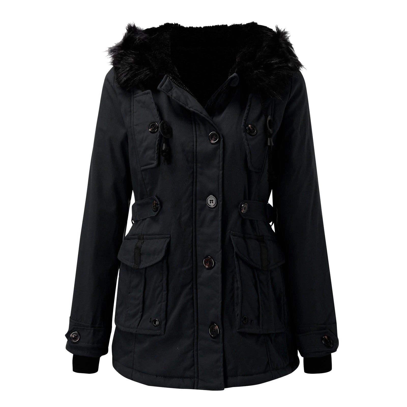 Women’s Warm Hooded Coat Fitted Winter Button Zip Jacket