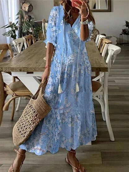 Women’s Summer Dress with Lantern Sleeves and Boho Print