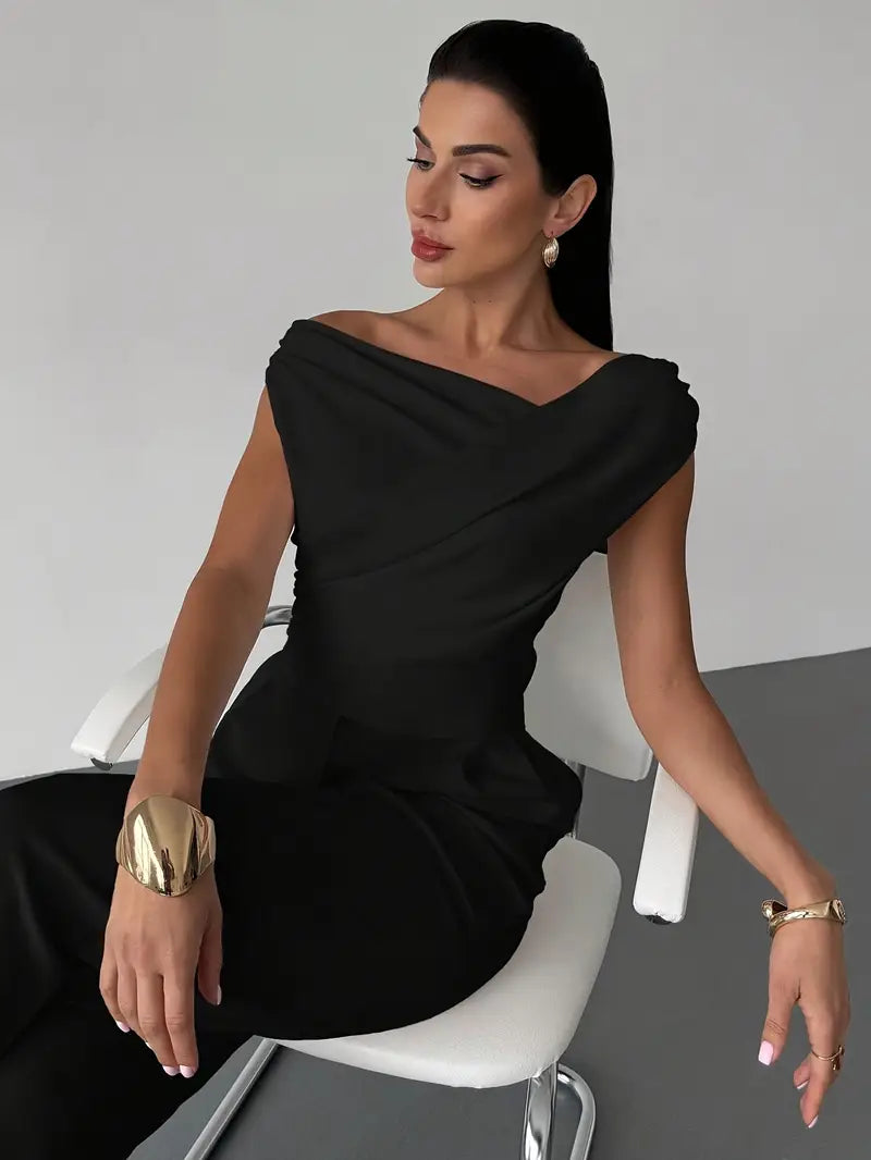 Women's Elegant Draped Shoulder Top with Round-Neckline