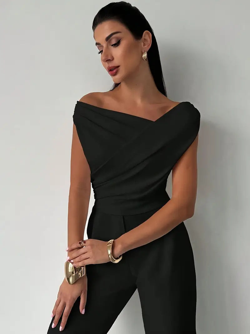 Women's Elegant Draped Shoulder Top with Round-Neckline