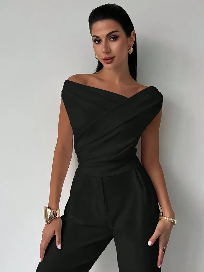 Women's Elegant Draped Shoulder Top with Round-Neckline