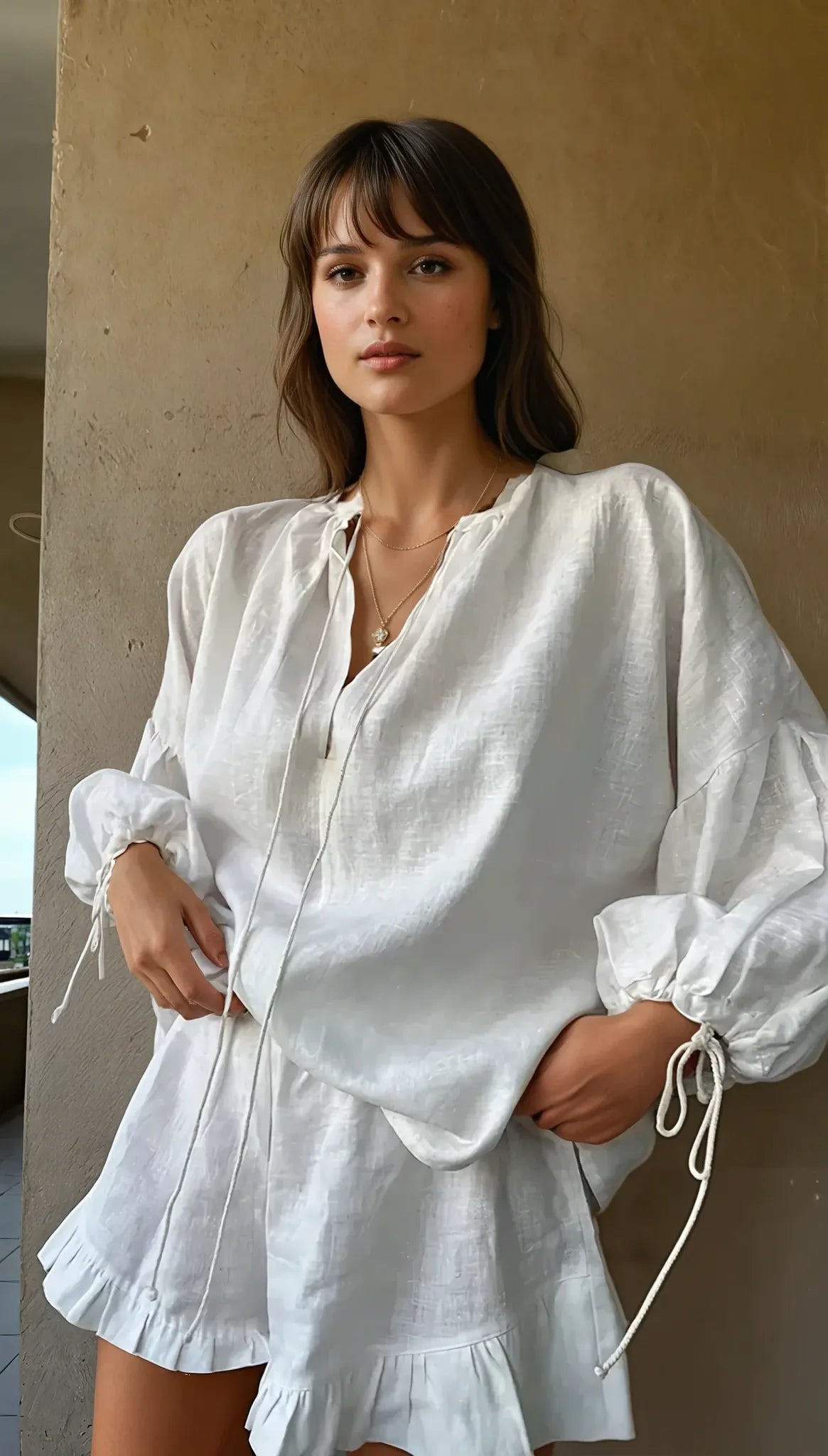 Women's Ruffle Two-Piece Lounge Set with Adjustable Tie Sleeves