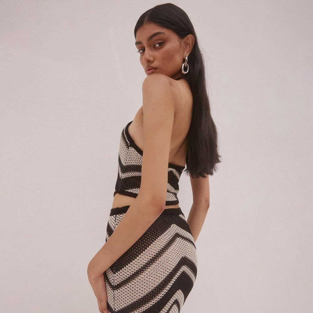 Women’s Knitted Dress – Bodycon Fit – Halter Neck – Geometric Stripe – Midi Length-2