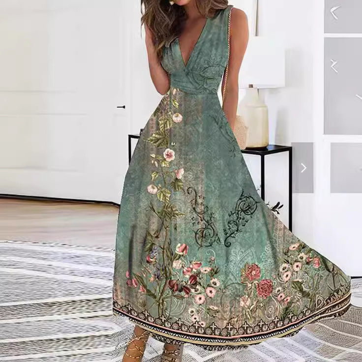 Women's Fantasy Captivating Blooming Maxi Dress with Deep V-neckline