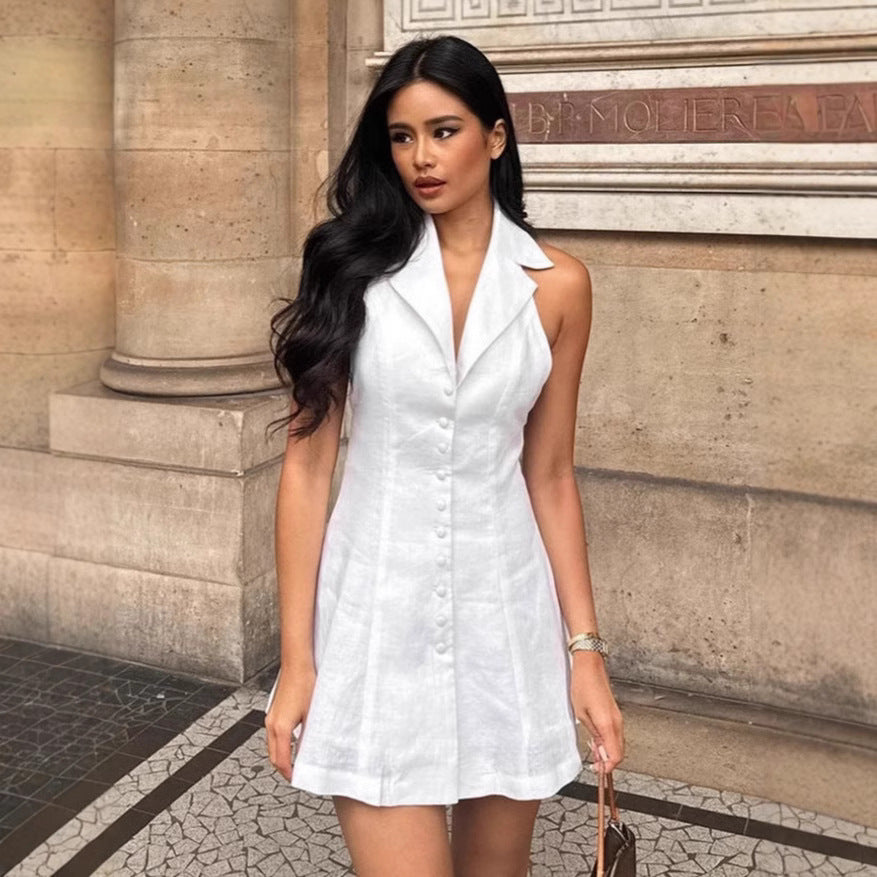 Women’s Mini Dress – Linen Blend – Halter Neck – V-Neck – Button Front A-Line Fit-1