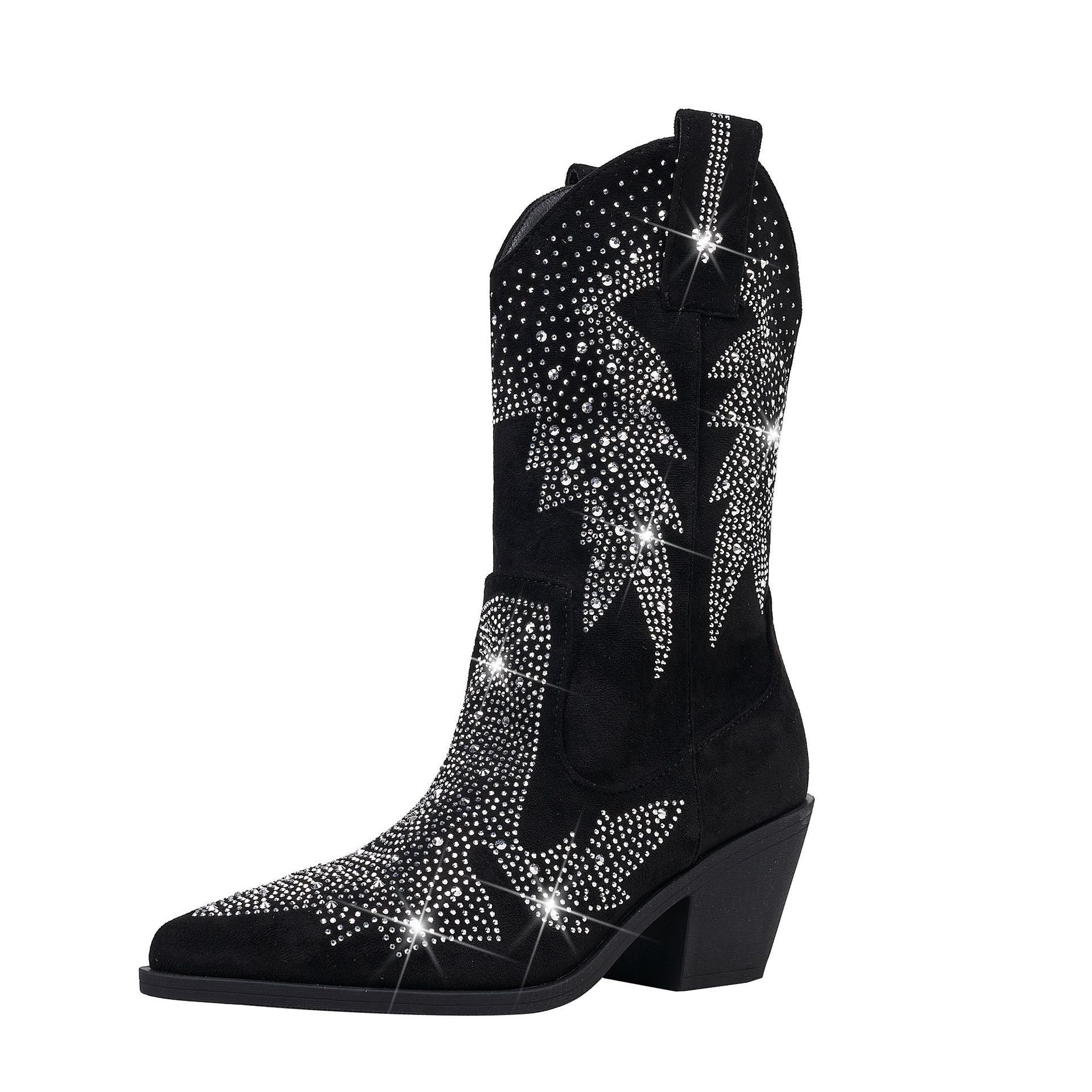 Women's Classic Trendy Rhinestone Mid Calf Cowboy Boots
