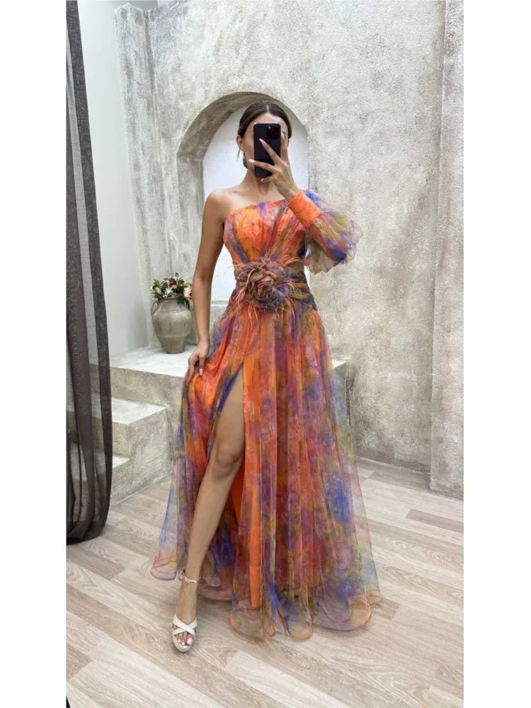 Women's Sunset Asymmetrical Slit Gown Maxi Dress in Sheer Floral Design